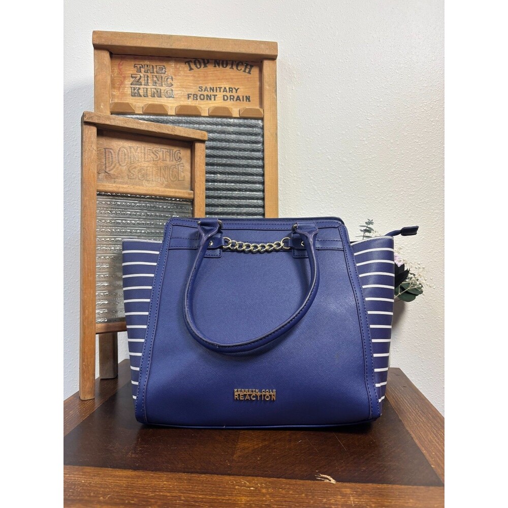 Kenneth Cole Reaction Navy Blue Striped Tote Bag Gold Chain Structured Purse
